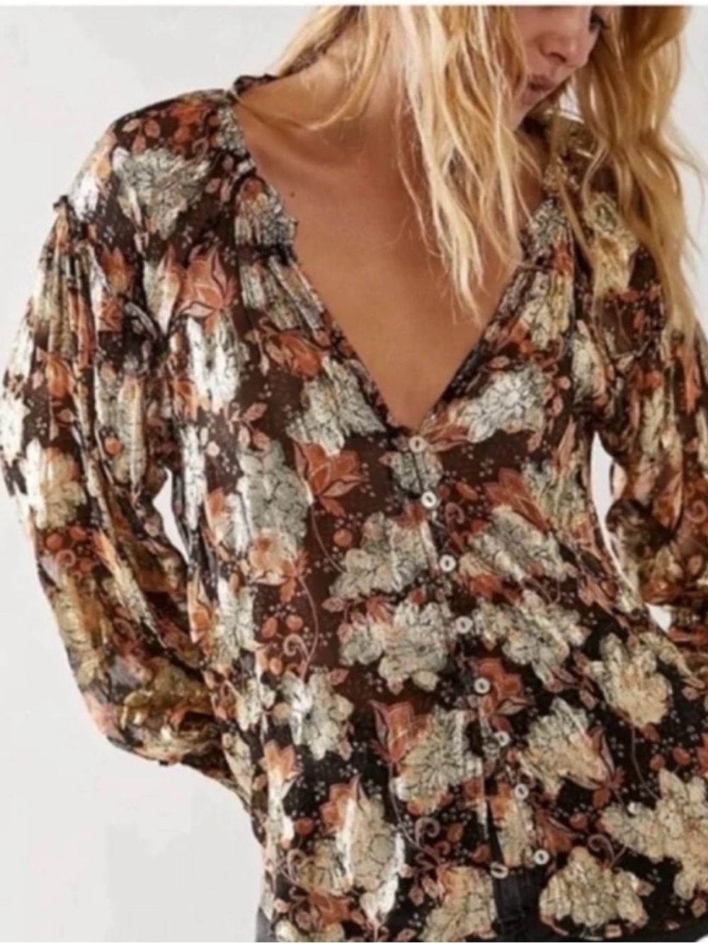 Free People Scorpio Top Brown Floral Button-Front Blouse with Cream and Rust